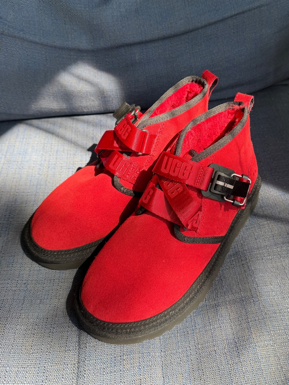 UGG red suede boots with magnetic buckle strap